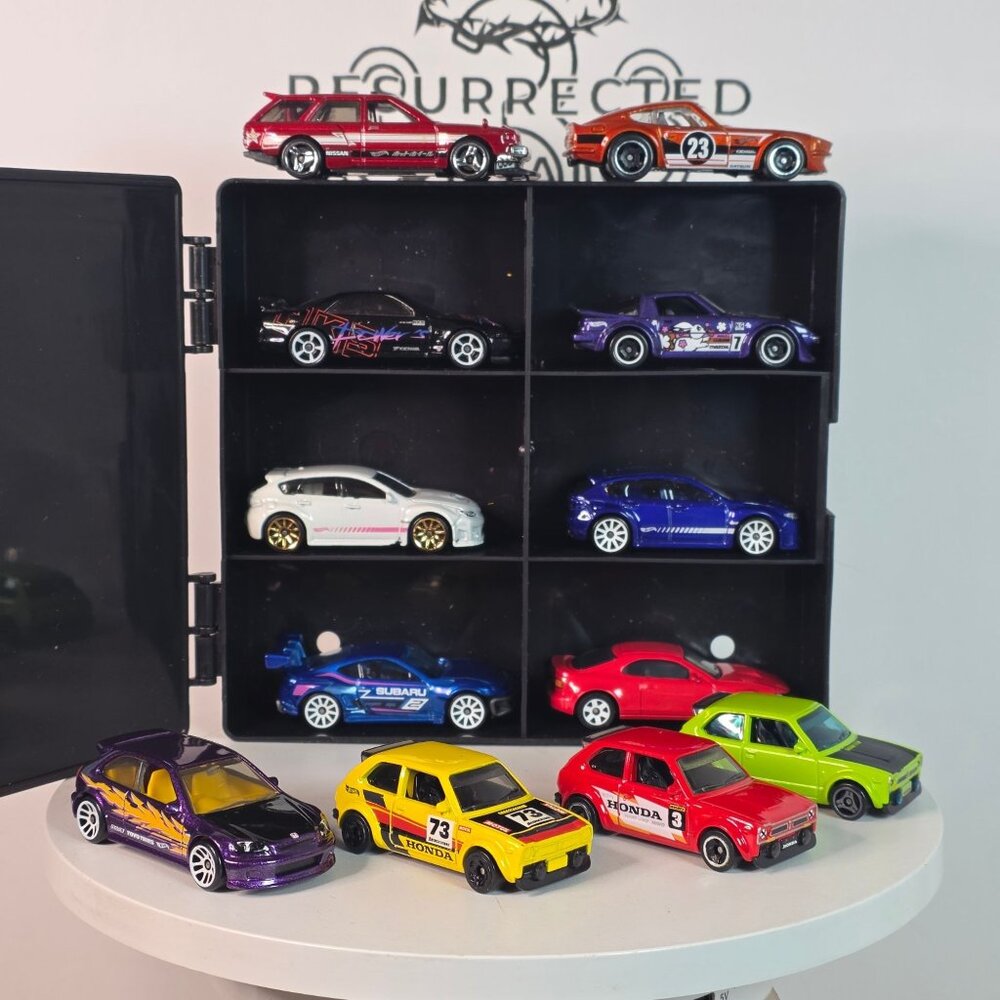 JDM Dream Lot! 12 Hot Wheels 1:64 Scale Die-Cast Cars SUBARU HONDA + Display Cas